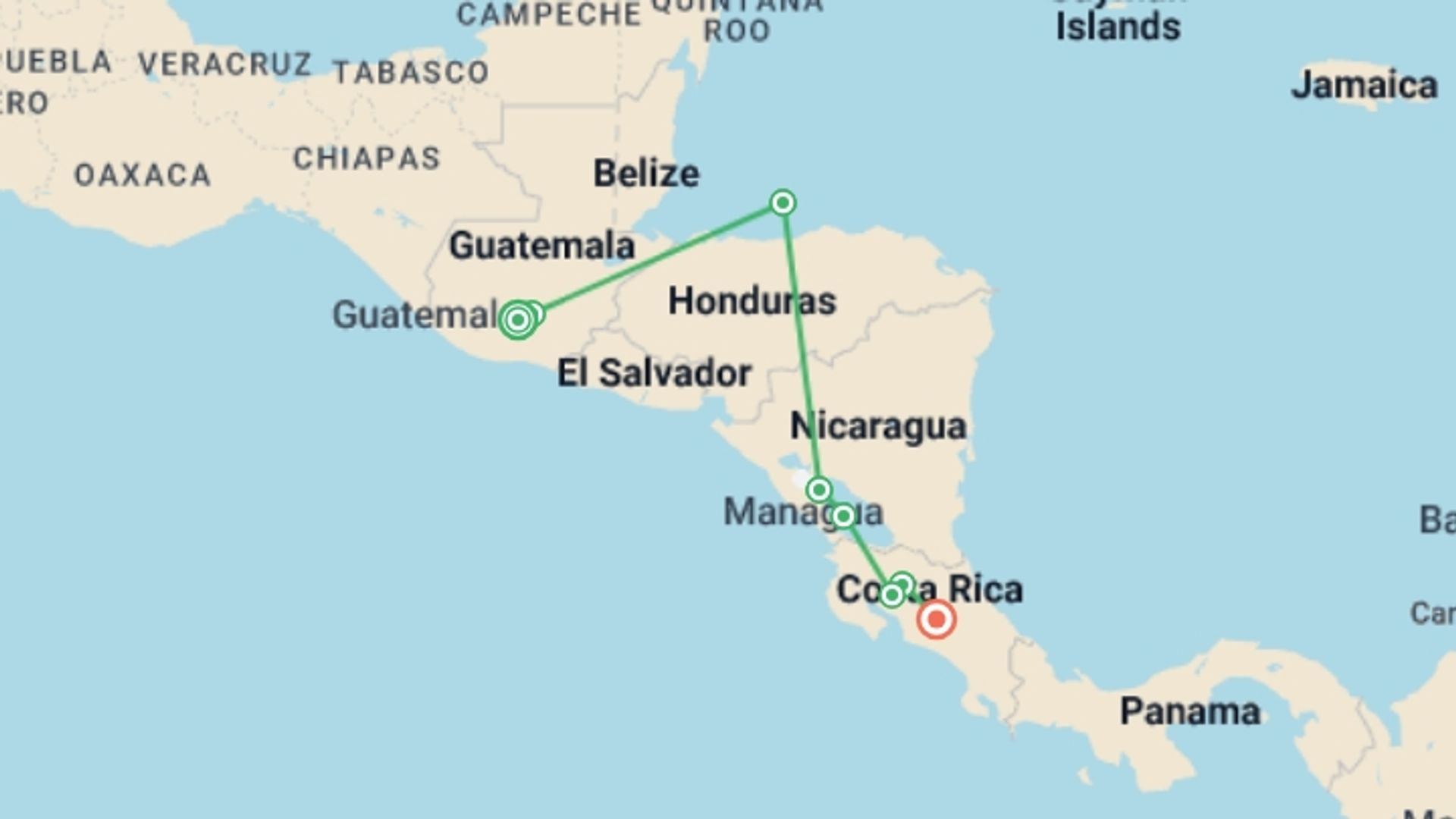 A map showing the tour itinerary for the trip: Volcano Trail: Waves & Local Ways, starting in Antigua, Guatemala and ending in San Jose, Costa Rica going through 6 other destinations.