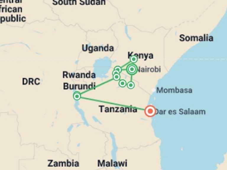 Map itinerary of Nairobi Tour in Winter with 10 destination visits for the trip: East Africa: Safari Drives, Mountain Hikes & Chimp Trekking