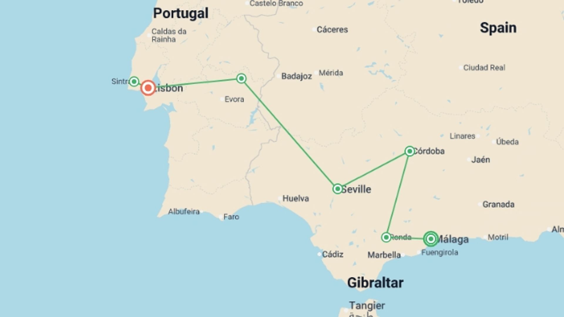 A map showing the tour itinerary for the trip: Exploring Iberia: Southern Spain to Coastal Portugal , starting in Malaga, Spain and ending in Lisbon, Portugal going through 5 other destinations.