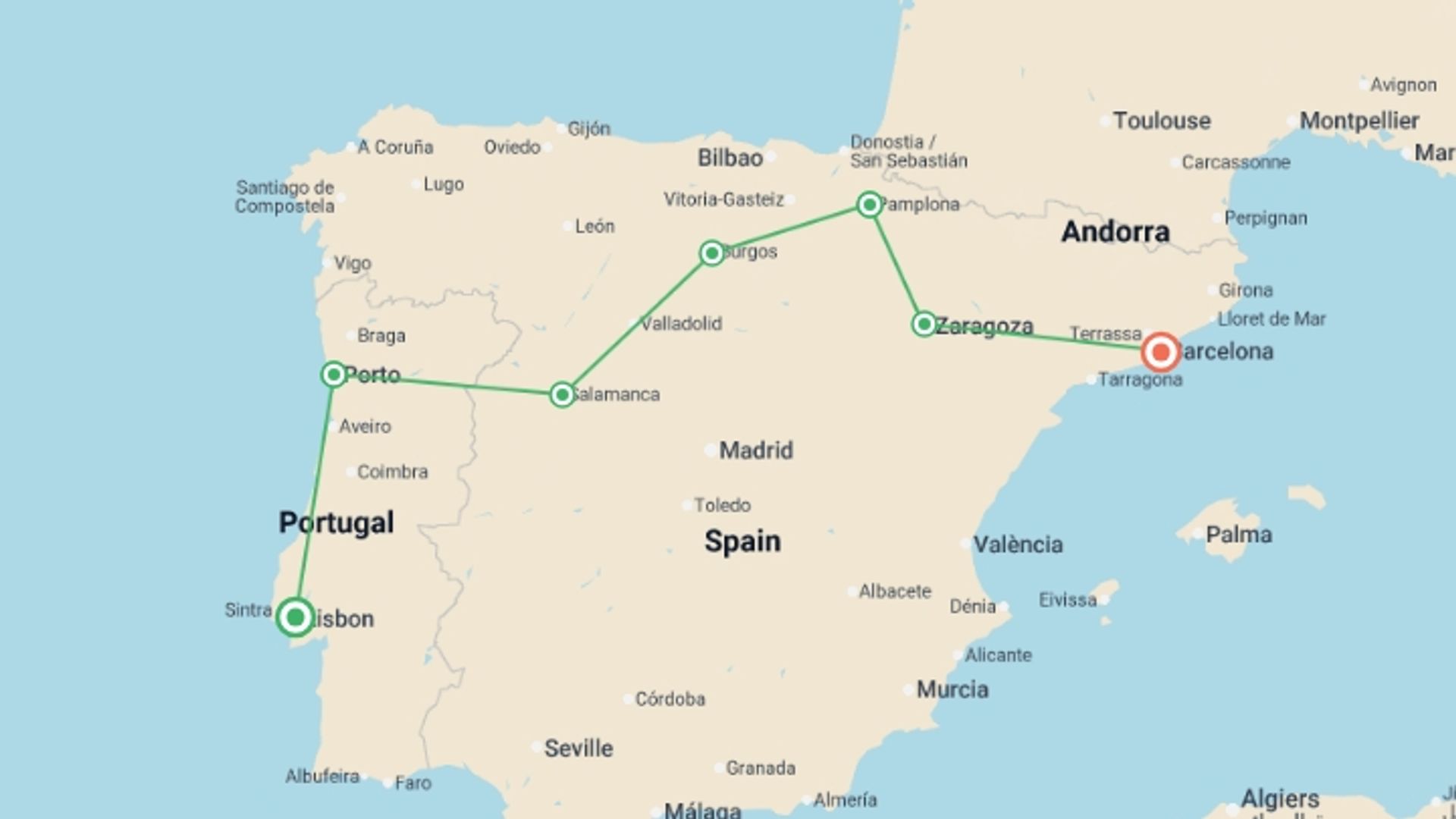 A map showing the tour itinerary for the trip: Lisbon to Barcelona, starting in Lisbon, Portugal and ending in Barcelona, Spain going through 3 other destinations.