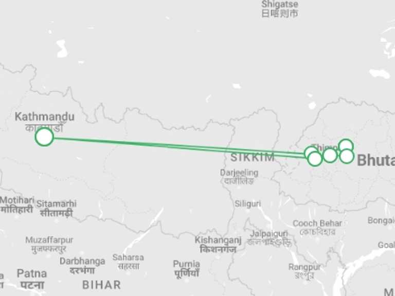 Map itinerary of Nepal Tour in Winter with 6 destination visits for the trip: Festivals of Bhutan