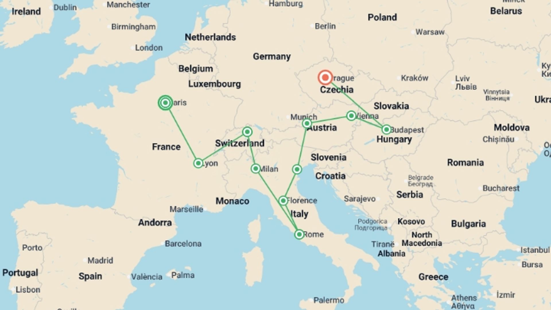 A map showing the tour itinerary for the trip: Romantic Europe GO, starting in Paris, France and ending in Prague, Czech Republic going through 9 other destinations.