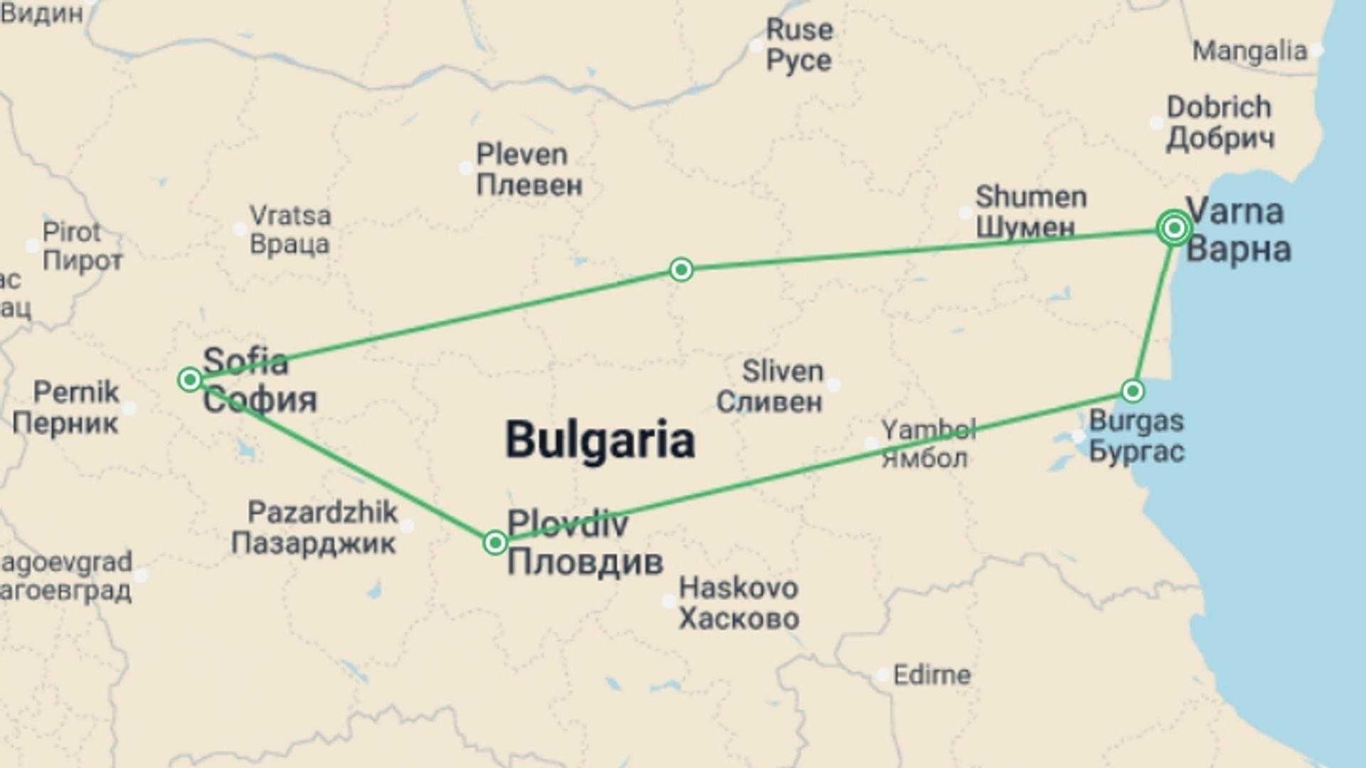 A map showing the tour itinerary for the trip: Explore Bulgaria In A Week, Self-drive, starting in Varna, Bulgaria and ending in Varna, Bulgaria going through 3 other destinations.