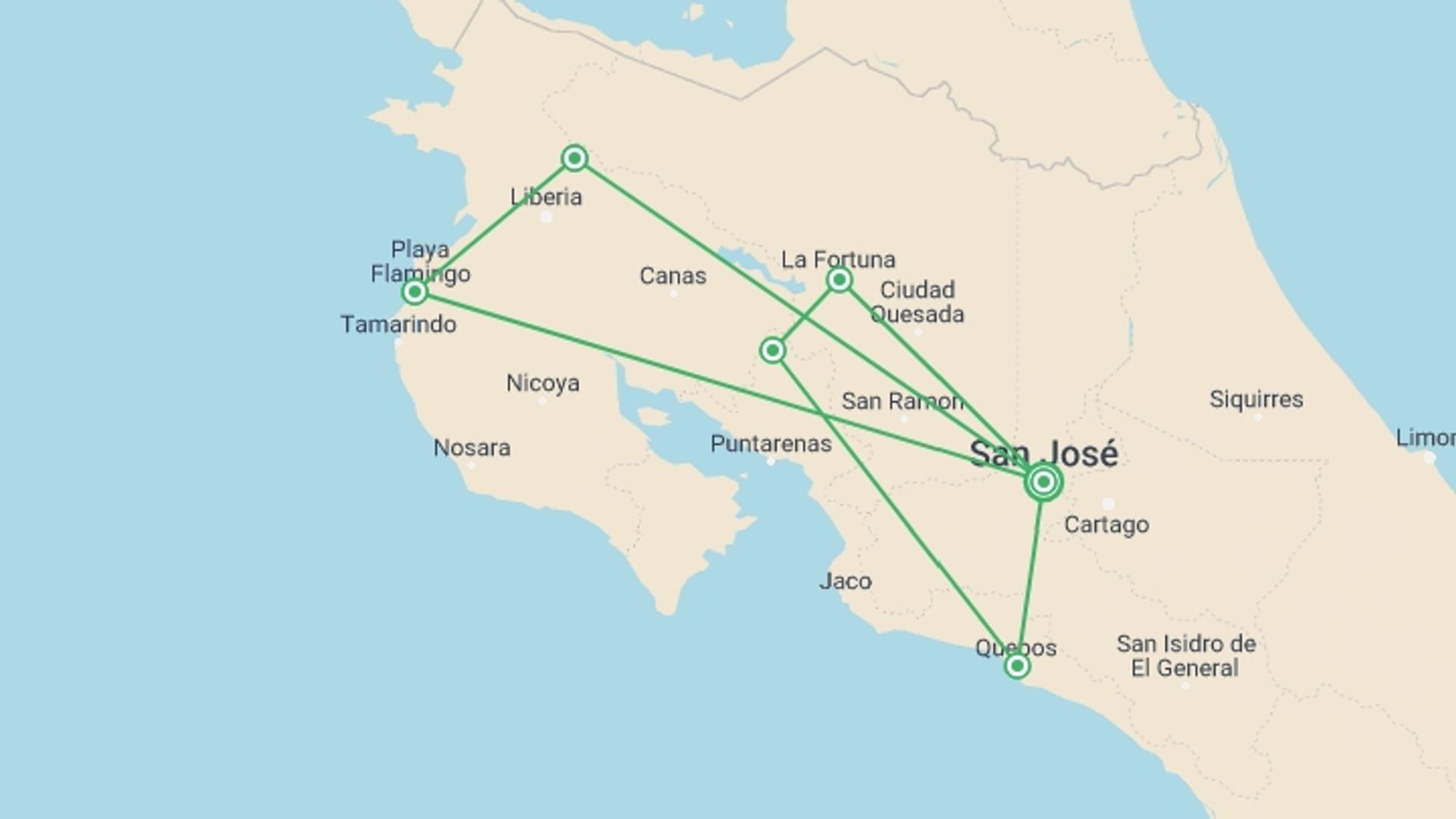 A map showing the tour itinerary for the trip: Costa Rica: Wildlife, National Parks & Hidden Gems of the Northwest, starting in San Jose, Costa Rica and ending in San Jose, Costa Rica going through 5 other destinations.