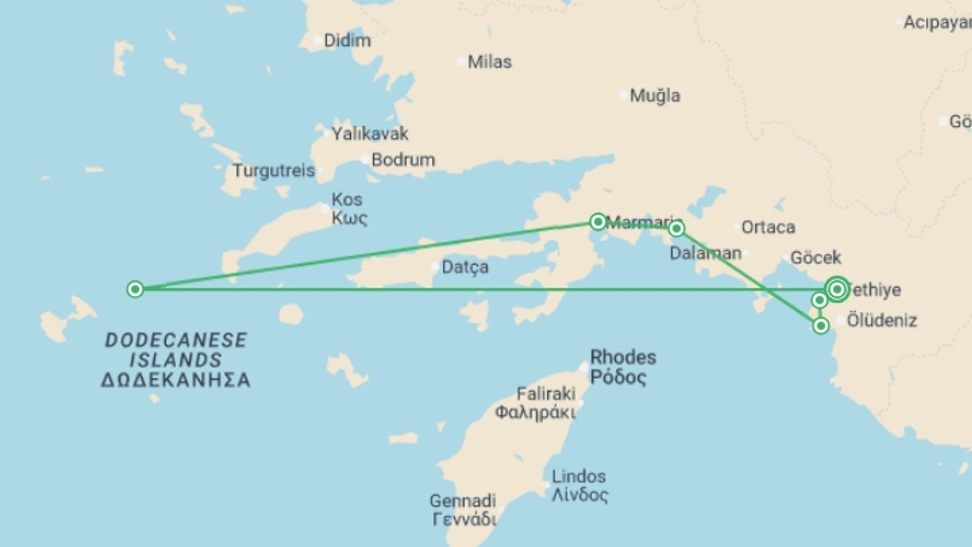 A map showing the tour itinerary for the trip: Turkey: Sail & Swim, starting in Fethiye, Turkey and ending in Fethiye, Turkey going through 5 other destinations.