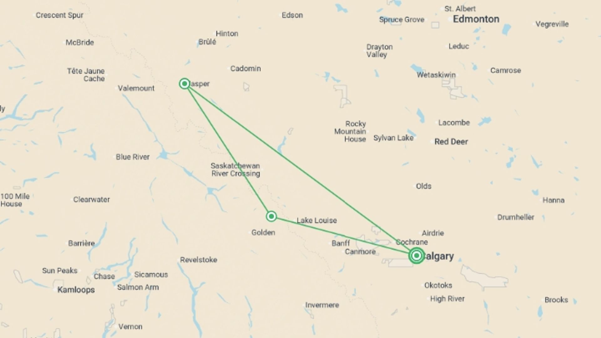 A map showing the tour itinerary for the trip: Canadian Rockies Express: 6-Day Adventure, starting in Calgary, Canada and ending in Calgary, Canada going through 2 other destinations.