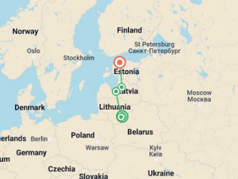 Map of a Sightseeing Tour with 4 destination visits for the trip: Highlights of the Baltic States in 8 Days