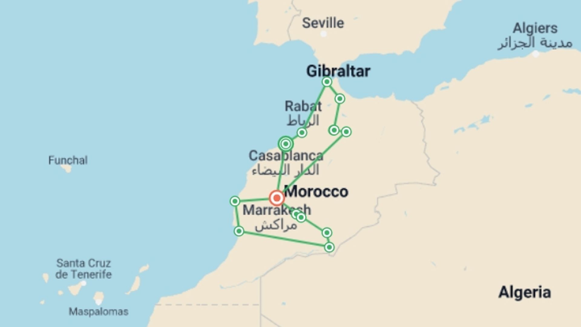 A map showing the tour itinerary for the trip: Ultimate Morocco (4 Star Hotels), starting in Casablanca, Morocco and ending in Marrakech, Morocco going through 9 other destinations.