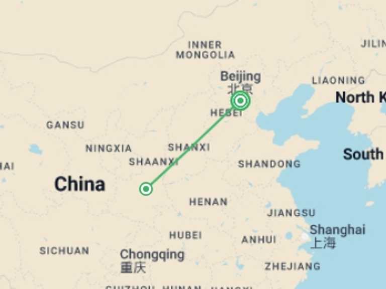 Map itinerary of China Tour in September 2026 with 2 destination visits for the trip: Great Wall And Warriors, Private Tour