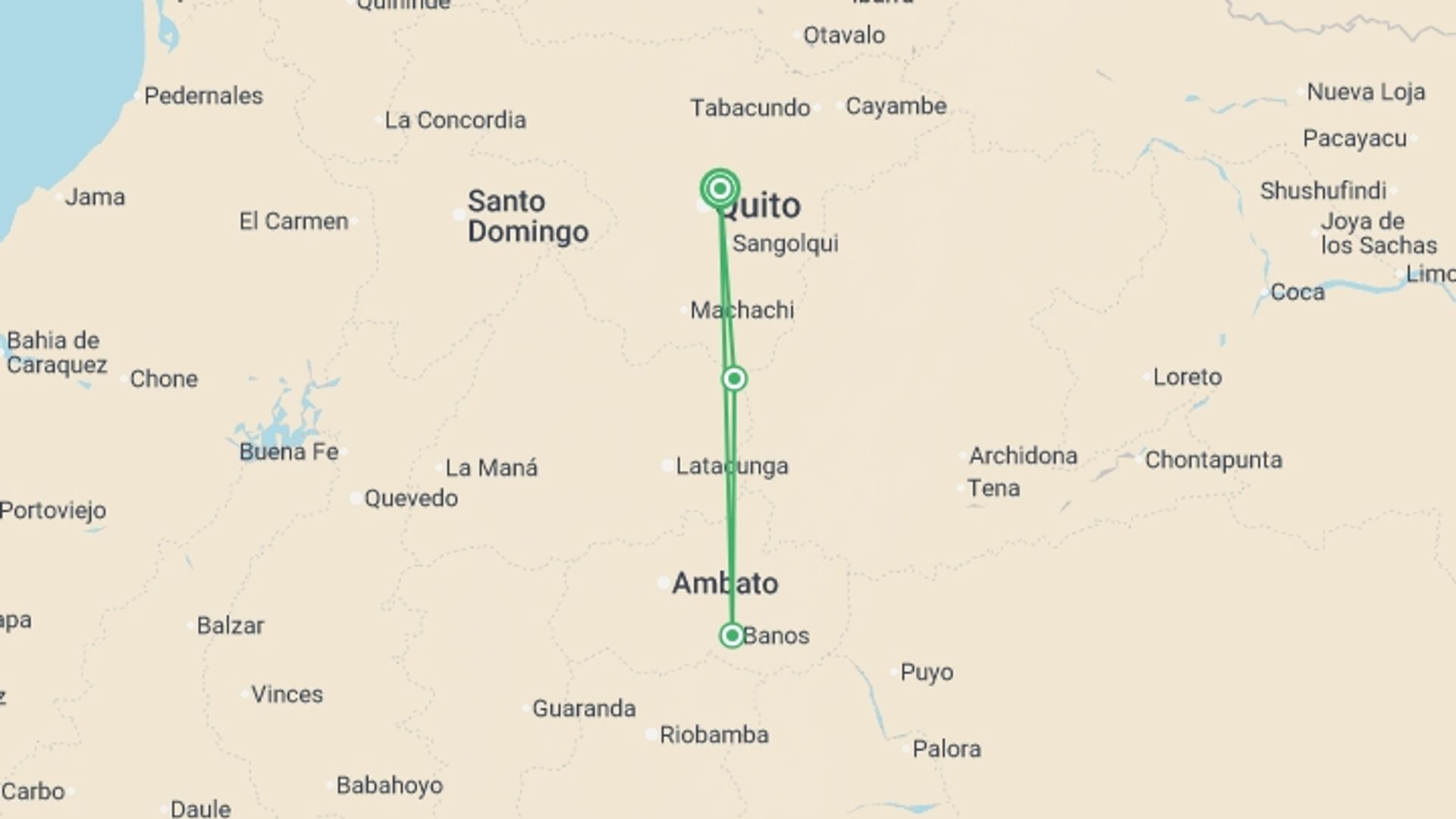 A map showing the tour itinerary for the trip: 5-day Quito & Surroundings: Cotopaxi, Quilotoa & Baños Hot Springs, Private Tour, French-speaking Guide, starting in Quito, Ecuador and ending in Quito, Ecuador going through 2 other destinations.
