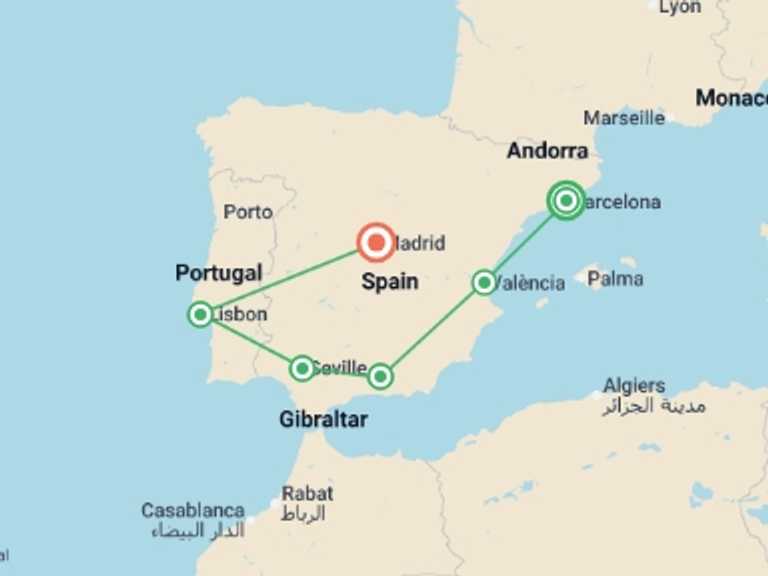 Map itinerary of Spain Tour in March 2027 with 6 destination visits for the trip: Barcelona, Levante, Andalusia and Lisbon with Madrid