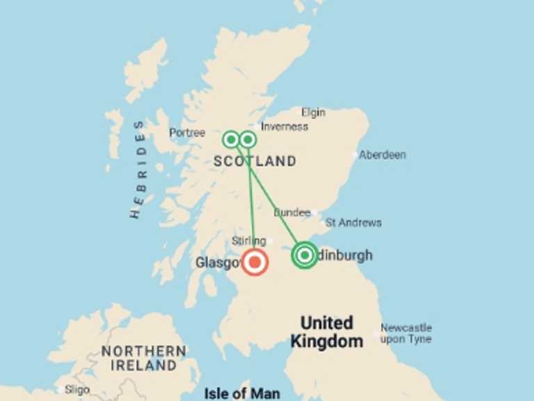 Map of Europe Tour with 3 destination visits for the trip: Scotland in a Week 35 to 45