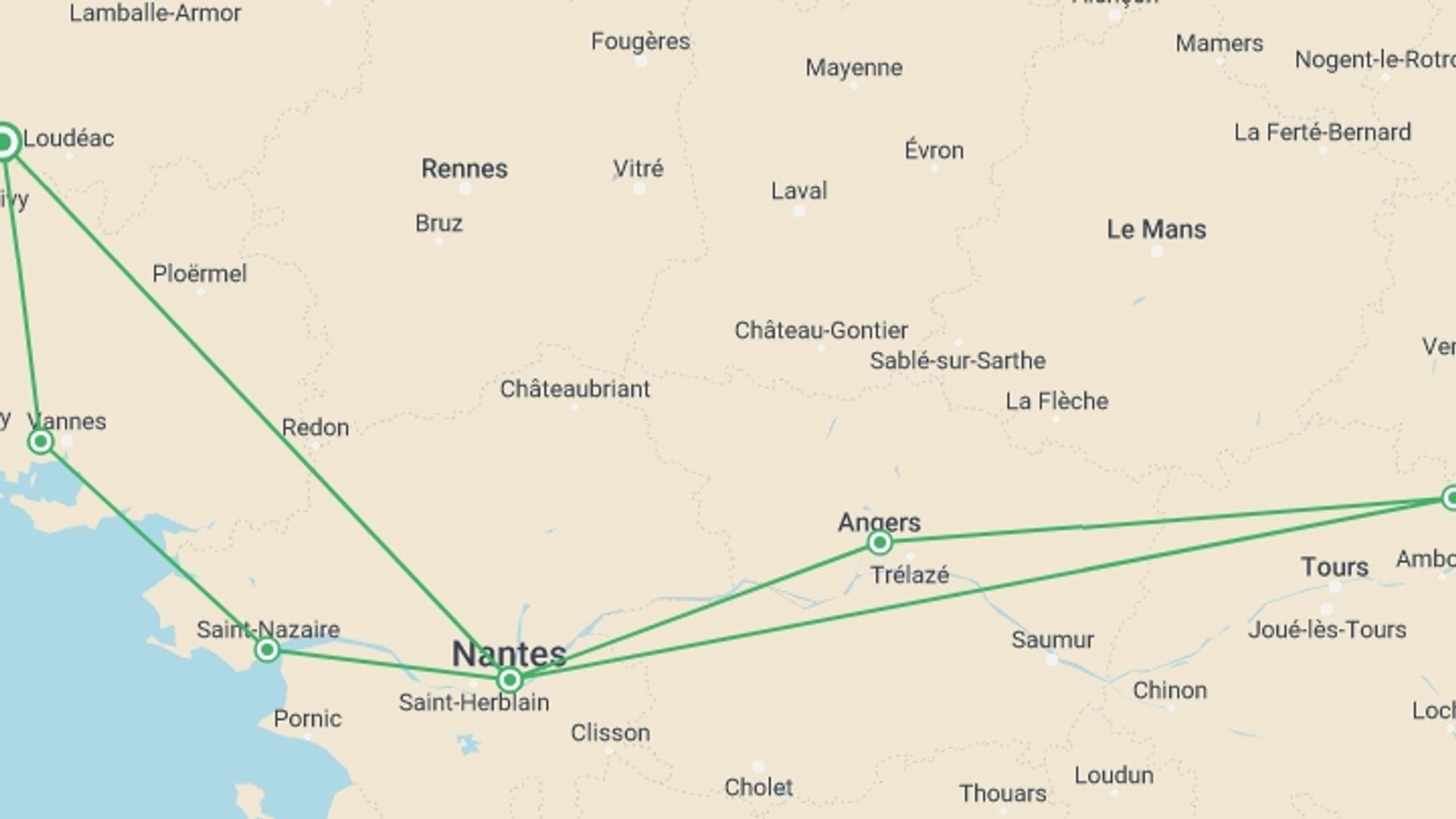 A map showing the tour itinerary for the trip: Beautiful Brittany and Royal Opulence in the Loire (port-to-port cruise), starting in Brittany, France and ending in Brittany, France going through 6 other destinations.