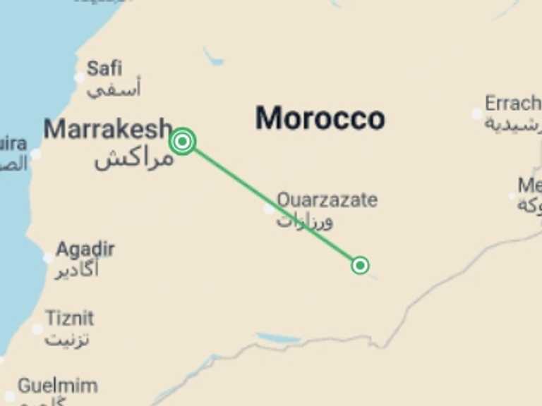 Map itinerary of Marrakech Tour in Winter with 2 destination visits for the trip: Zagora Desert Camp 2D/1N