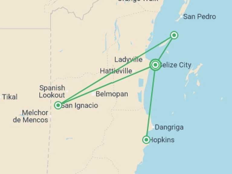 Map itinerary of North America Tour in September 2027 with 4 destination visits for the trip: Belize Uncovered: Reefs, Ruins & Reggae