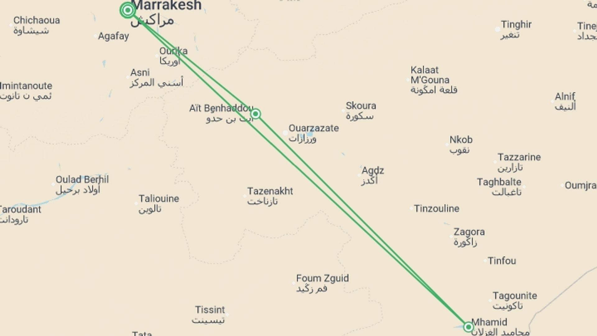 A map showing the tour itinerary for the trip: Marrakech & Atlas Mountains 5 star - 5 days, starting in Marrakech, Morocco and ending in Marrakech, Morocco going through 3 other destinations.