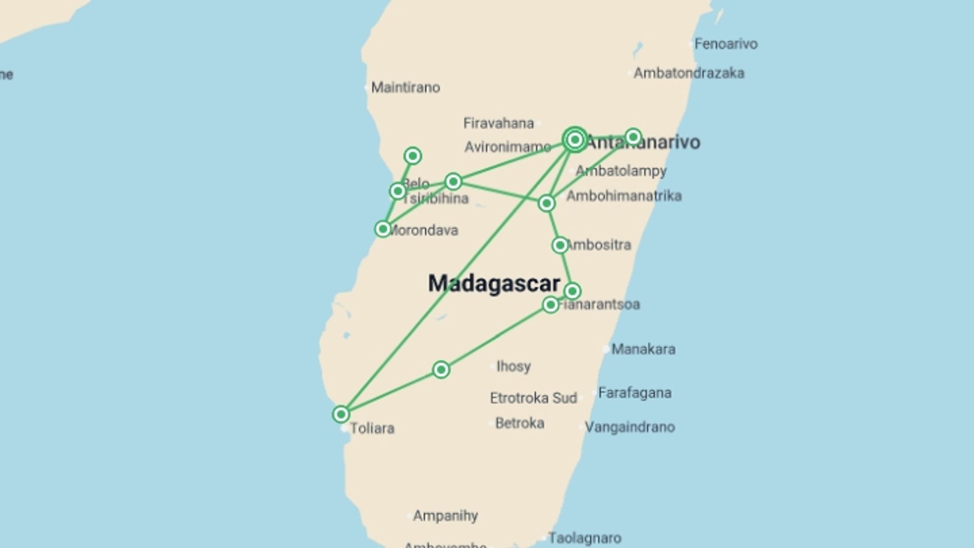 A map showing the tour itinerary for the trip: Madagascar in Depth, starting in Antananarivo, Madagascar and ending in Antananarivo, Madagascar going through 11 other destinations.
