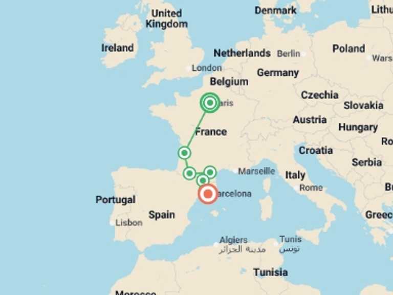 Map of France and Spain Tour with 4 destination visits for the trip: Paris, Lourdes and Barcelona