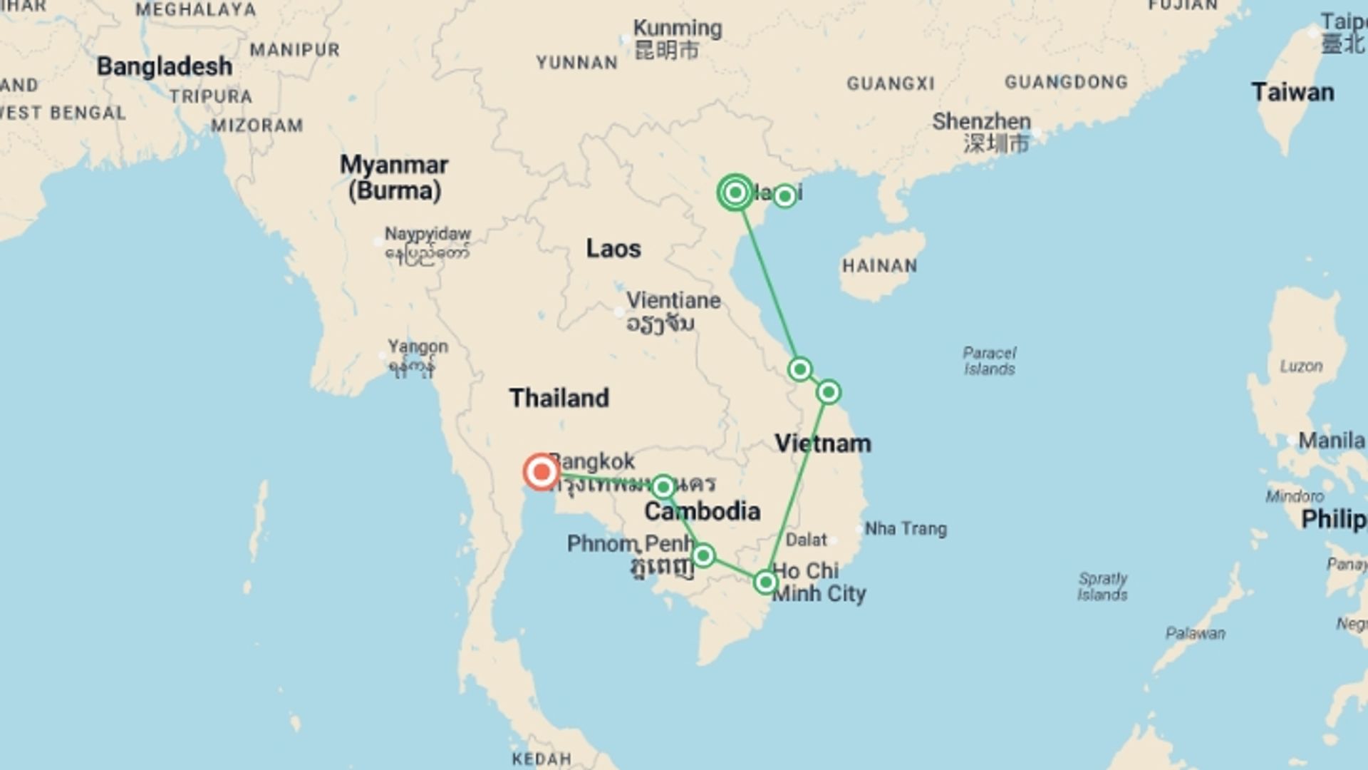 A map showing the tour itinerary for the trip: Essential Vietnam & Cambodia, starting in Hanoi, Vietnam and ending in Bangkok, Thailand going through 6 other destinations.