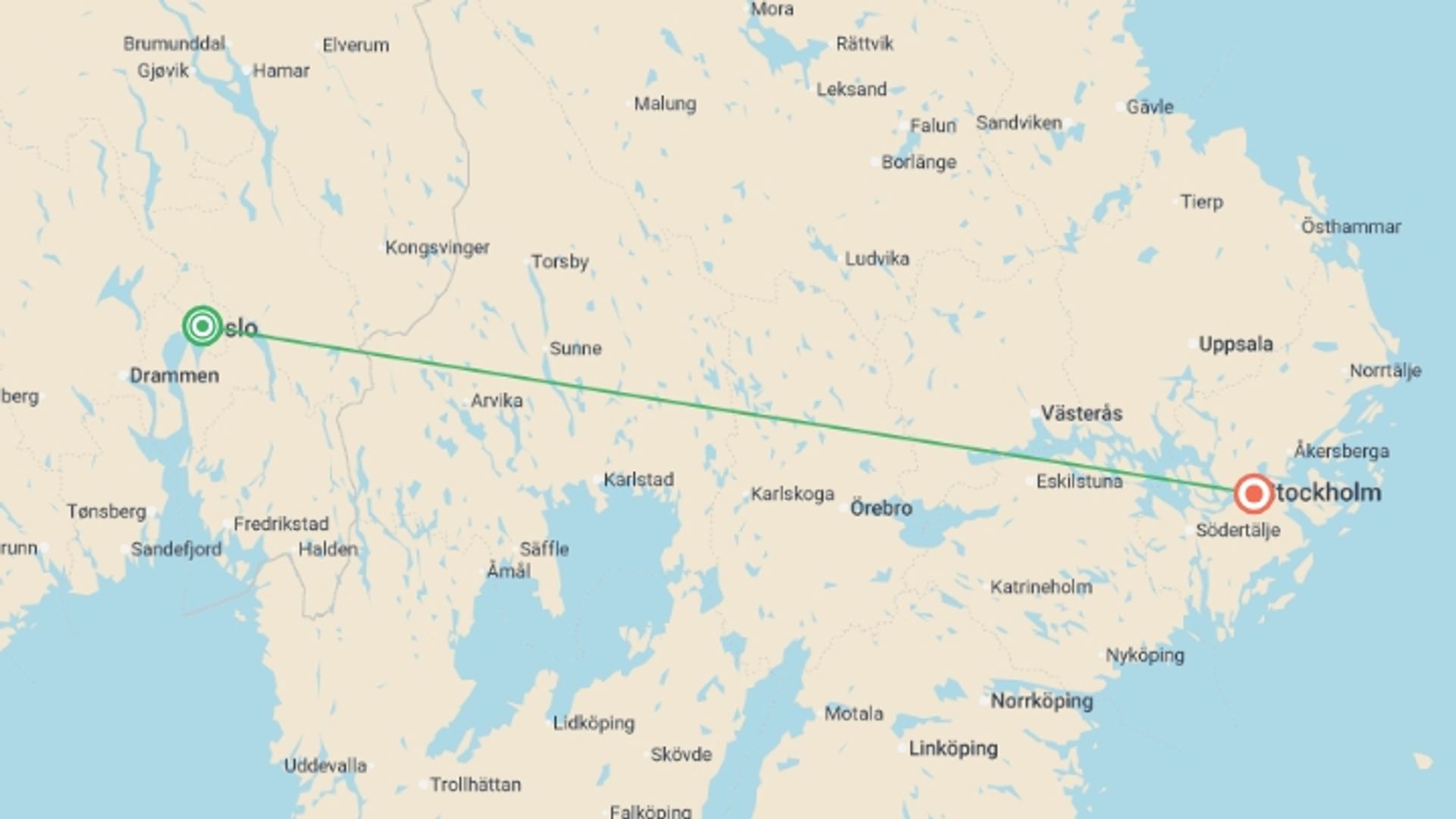 A map showing the tour itinerary for the trip: Pearls of Northern Europe, starting in Oslo, Norway and ending in Stockholm, Sweden going through 0 other destinations.