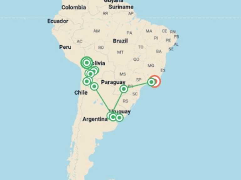 Map of South America Tour with 16 destination visits for the trip: La Paz to Rio