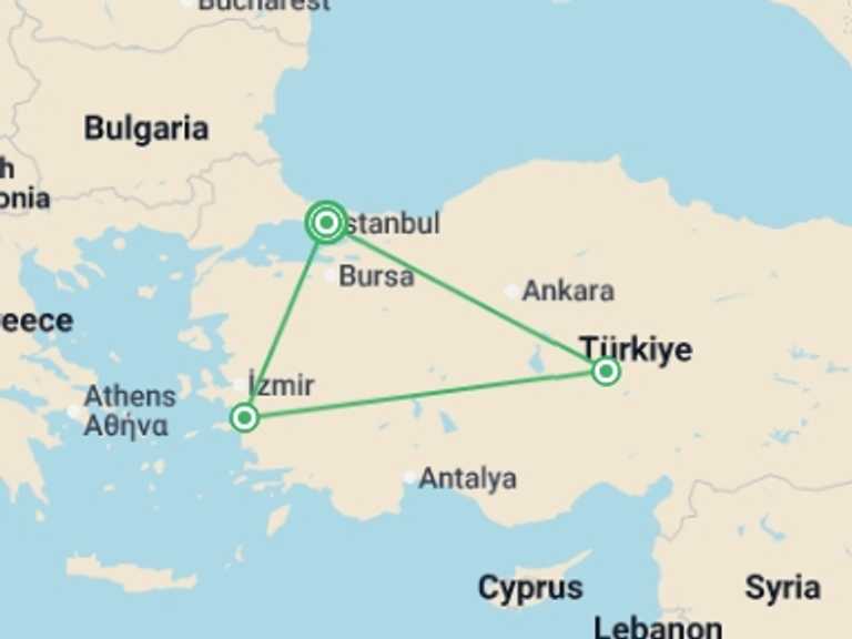 Map itinerary of Turkey Tour in March 2027 with 3 destination visits for the trip: Premium Turkey