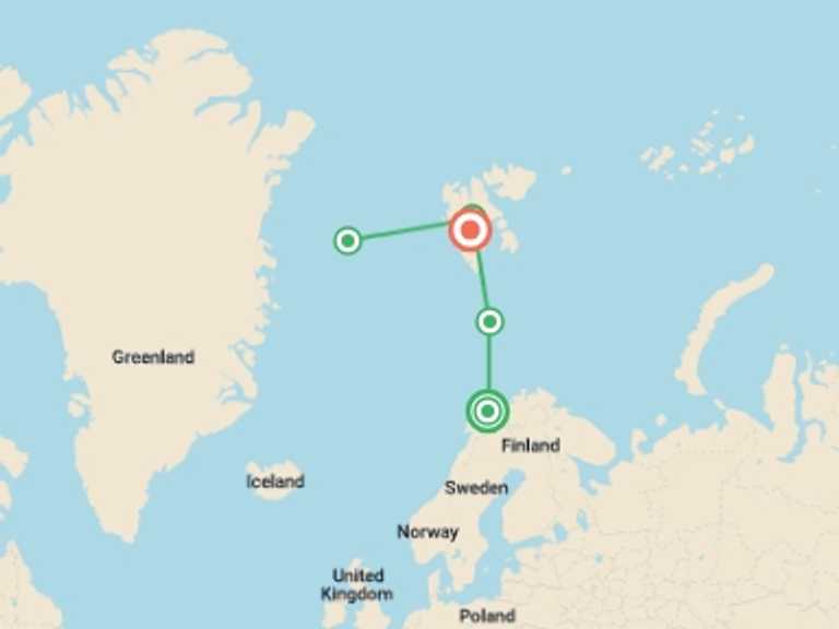 Map itinerary of Europe Tour in June 2026 with 5 destination visits for the trip: Beyond the Arctic Circle: Tromsø to Svalbard