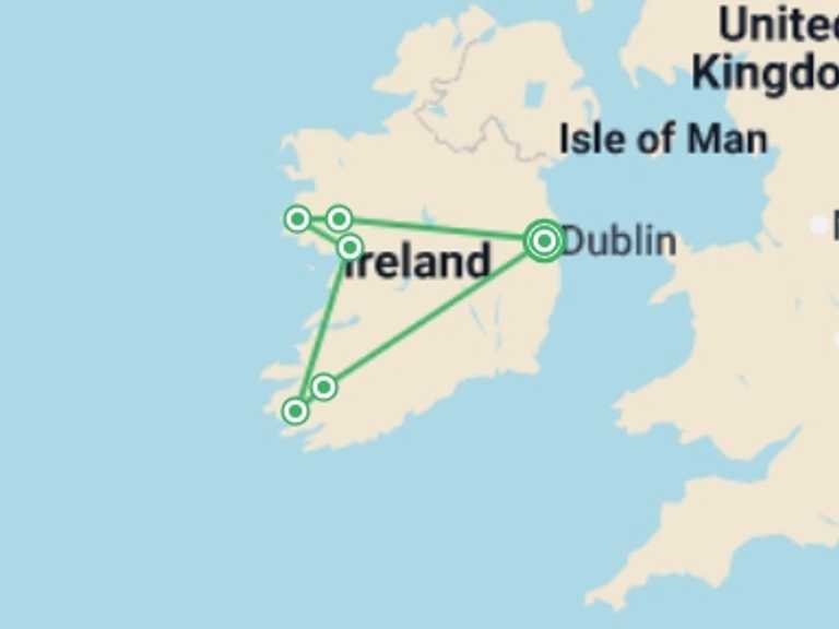 Map itinerary of Ireland Tour in September 2026 with 6 destination visits for the trip: Irish Elegance - Premium