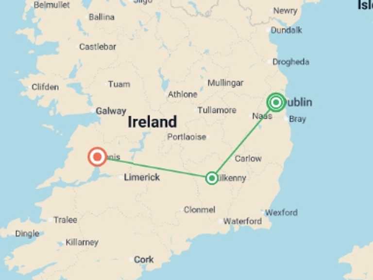 Map of 9-Day Ireland Tour with 3 destination visits for the trip: Signature: Ireland's Dublin, Killarney & the Cliffs of Moher