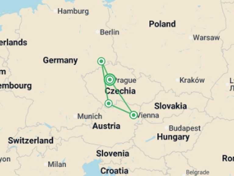 Map of Austria Tour with 4 destination visits for the trip: Czechia Christmas Tour with Dresden & Vienna