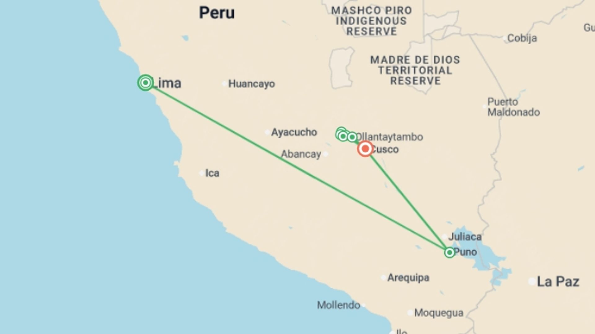 A map showing the tour itinerary for the trip: Classic Peru, starting in Lima, Peru and ending in Cusco, Peru going through 5 other destinations.