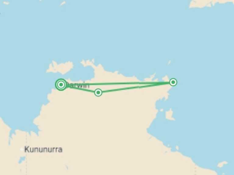 Map of Australia Tour with 3 destination visits for the trip: Kakadu and Arnhemland