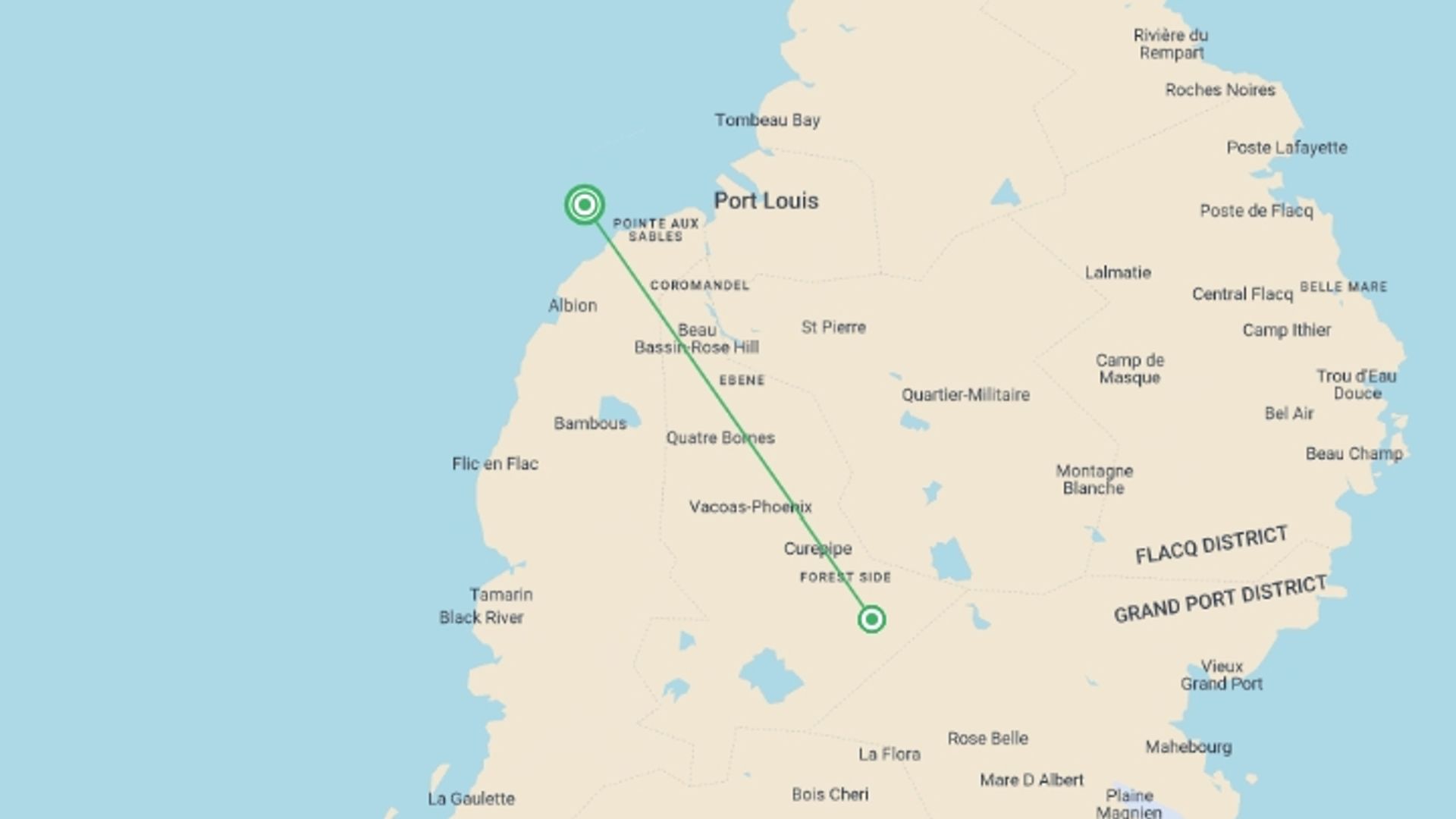 A map showing the tour itinerary for the trip: Mauritius All Inclusive, starting in Port Louis, Mauritius and ending in Port Louis, Mauritius going through 1 other destinations.