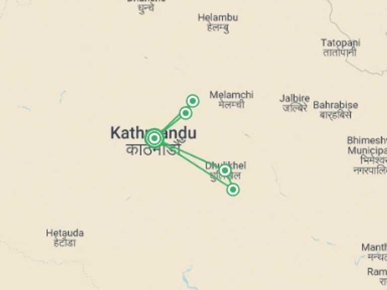 Map itinerary of Nepal Tour in Winter with 3 destination visits for the trip: Nepal Trek and Temples