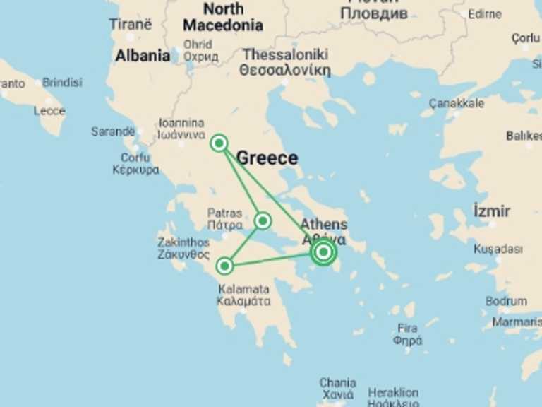 Map of Europe Tour with 4 destination visits for the trip: Treasures Of Classical Greece: Nafplion, Olympia, Delphi And Meteora