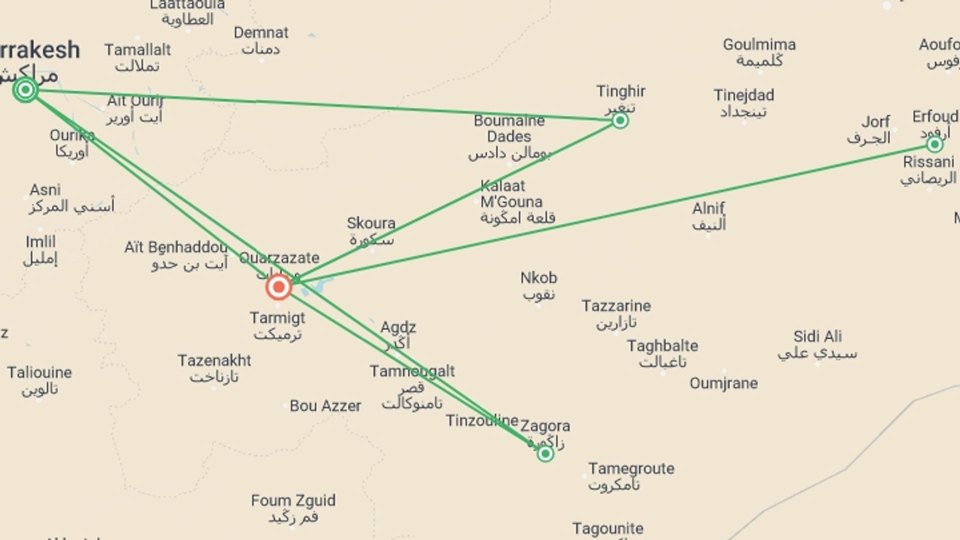 A map showing the tour itinerary for the trip: Magical Moroccan South and Kasbahs, starting in Marrakech, Morocco and ending in Ouarzazate, Morocco going through 2 other destinations.