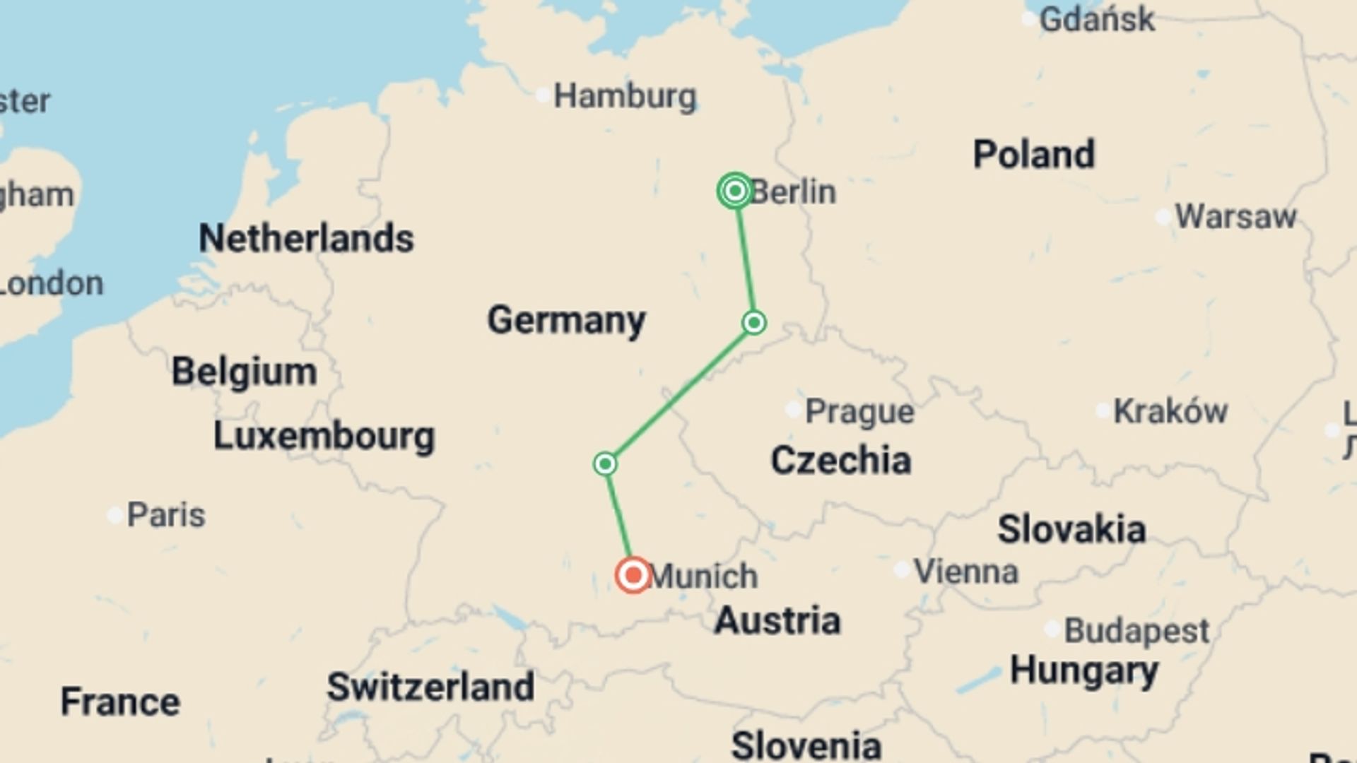 A map showing the tour itinerary for the trip: Christmas Markets of Germany, starting in Berlin, Germany and ending in Munich, Germany going through 2 other destinations.