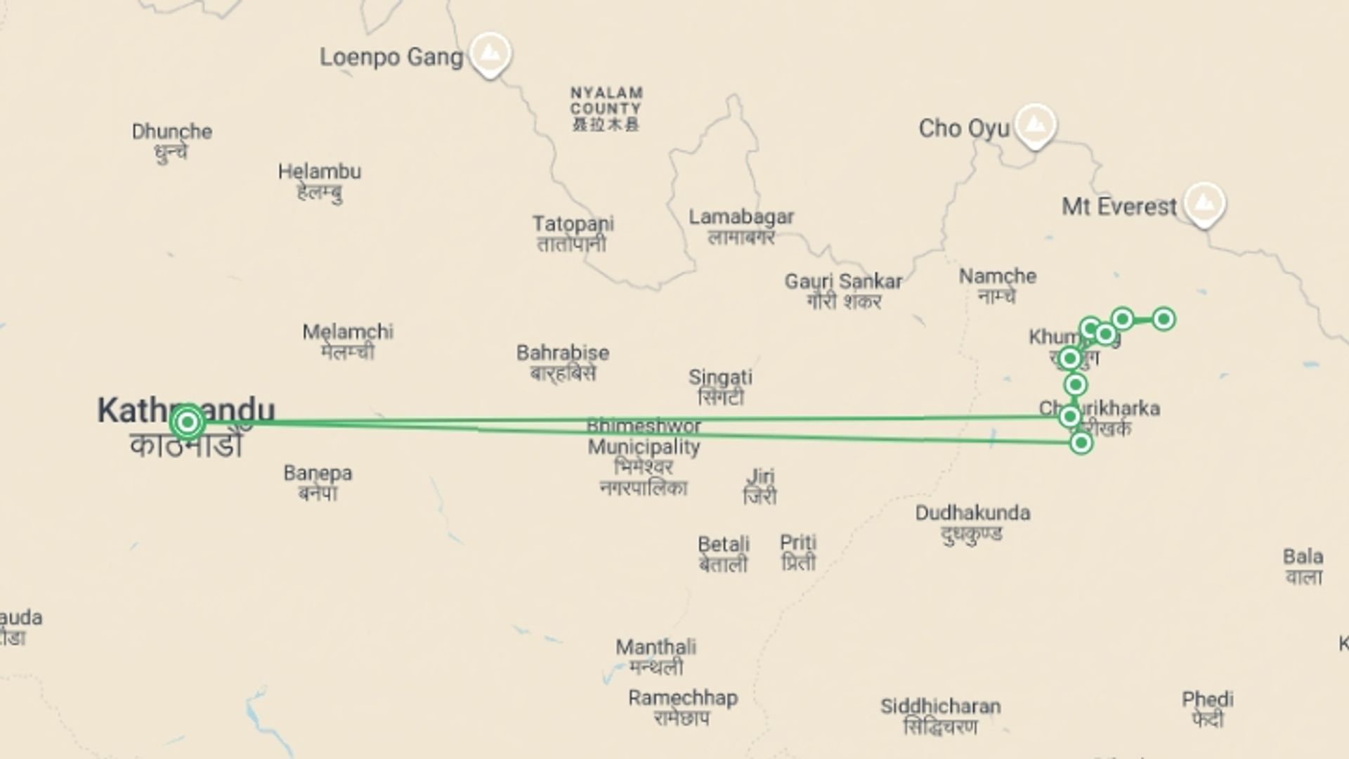 A map showing the tour itinerary for the trip: Everest Trails to Ama Dablam Base Camp, starting in Kathmandu, Nepal and ending in Kathmandu, Nepal going through 8 other destinations.