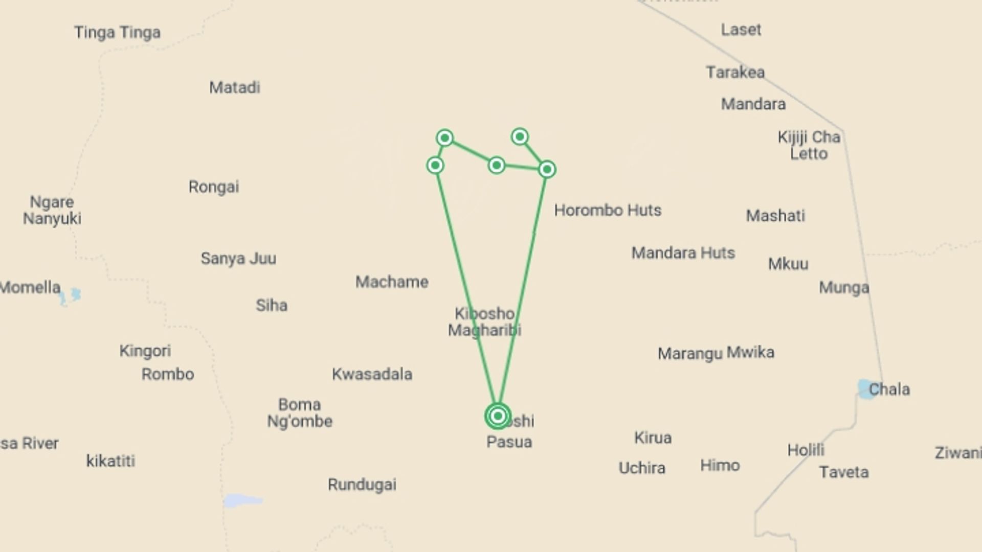 A map showing the tour itinerary for the trip: Kilimanjaro: Machame Route, starting in Moshi, Tanzania and ending in Moshi, Tanzania going through 5 other destinations.