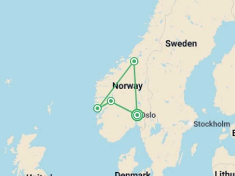 Map itinerary of Europe Tour in Spring with 4 destination visits for the trip: Spectacular Norwegian Fjords with Cruise Experience