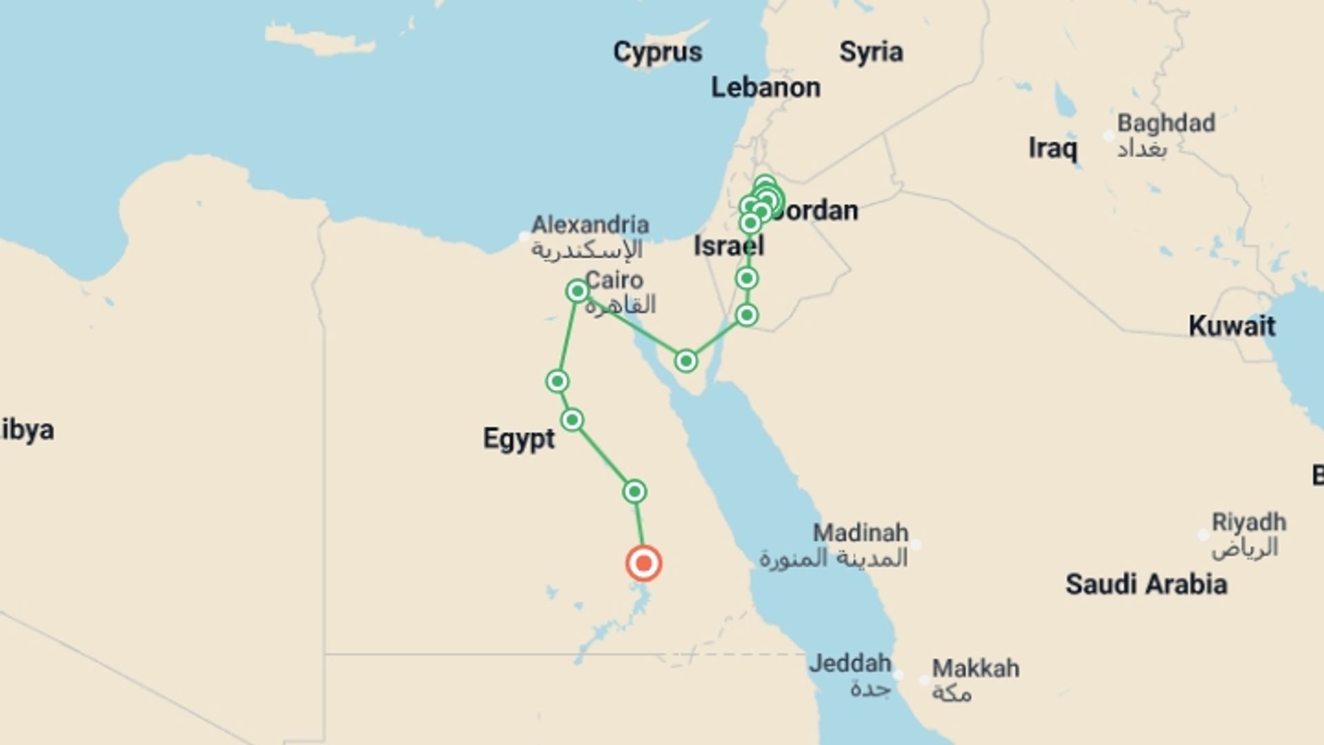 A map showing the tour itinerary for the trip: Contrasts of Jordan and Essences of Egypt, starting in Amman, Jordan and ending in Aswan, Egypt going through 8 other destinations.