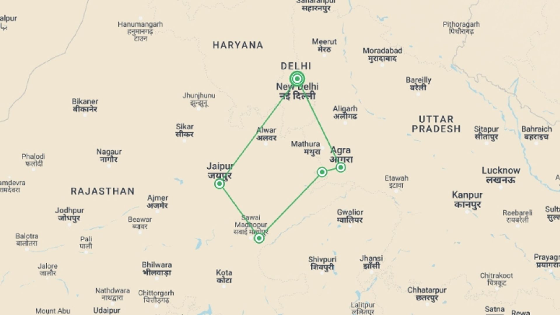 A map showing the tour itinerary for the trip: India Golden Triangle with Tigers & Leopards, starting in New Delhi, India and ending in New Delhi, India going through 4 other destinations.