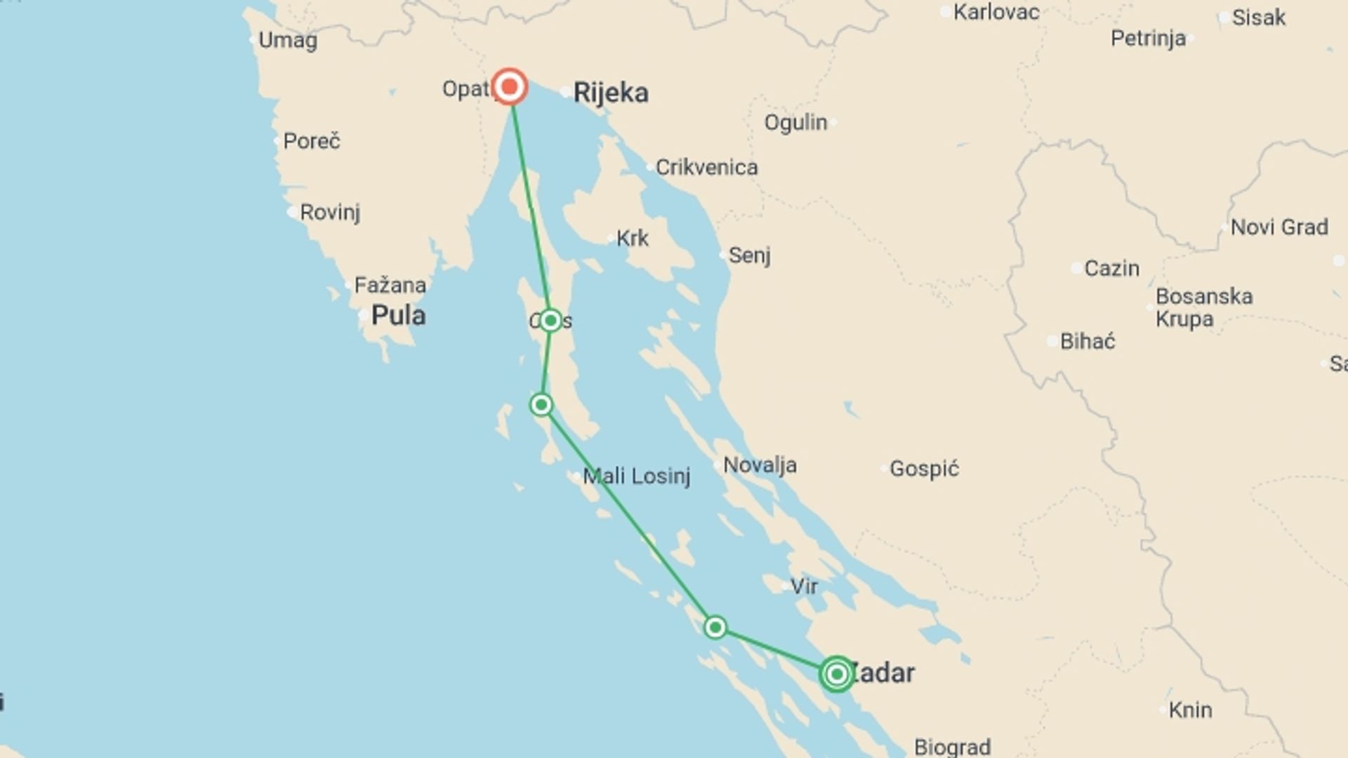 A map showing the tour itinerary for the trip: Zadar to Opatija Express (Premium) - 6 days, starting in Zadar, Croatia and ending in Opatija, Croatia going through 3 other destinations.