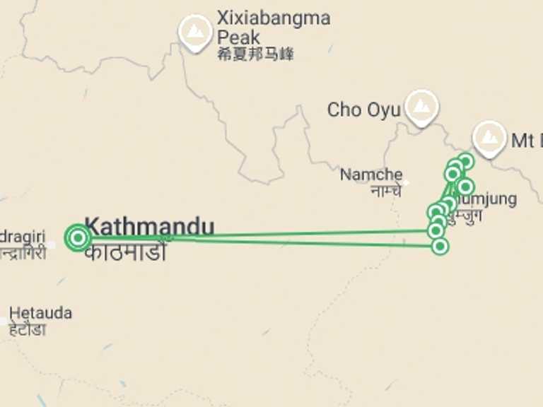 Map itinerary of Nepal Tour in February 2027 with 12 destination visits for the trip: Everest Base Camp Trek