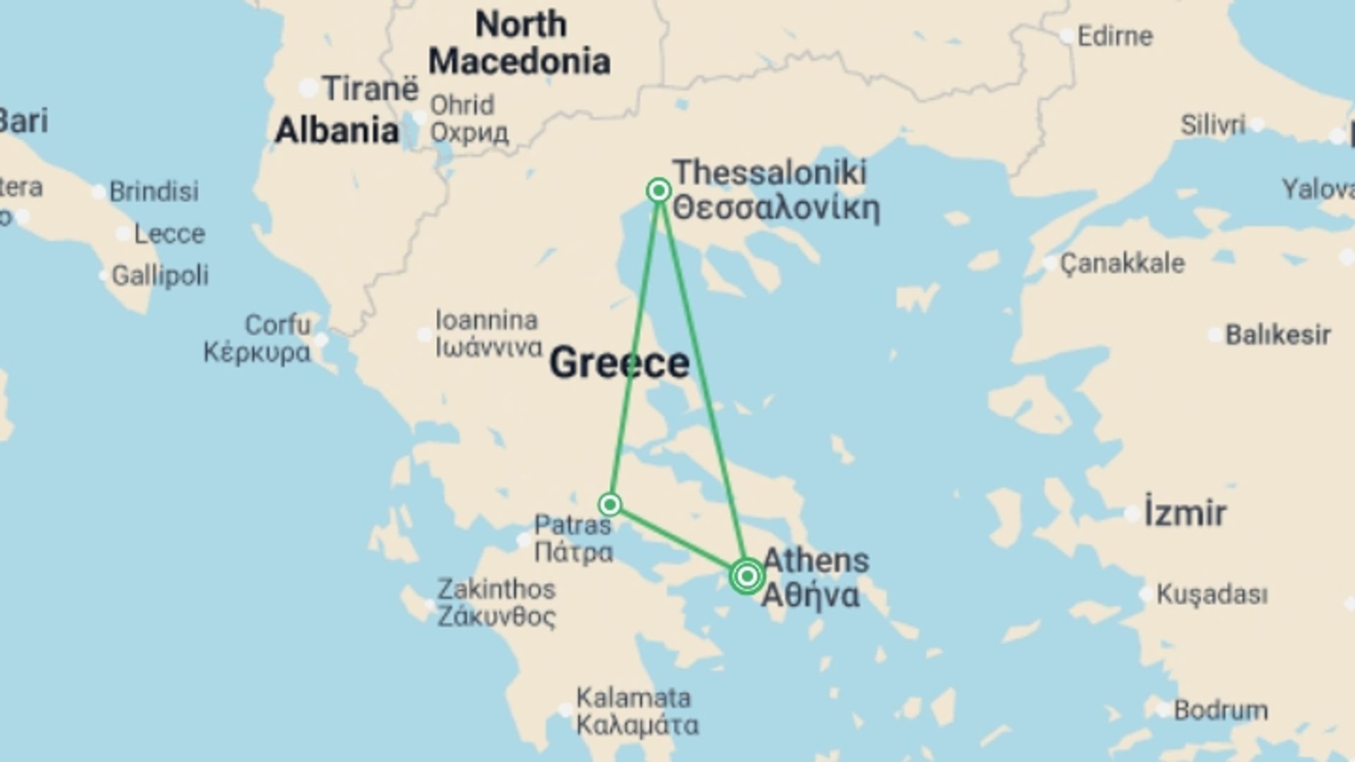 A map showing the tour itinerary for the trip: Historical Highlights of Greece - 8 Days, starting in Athens, Greece and ending in Athens, Greece going through 2 other destinations.