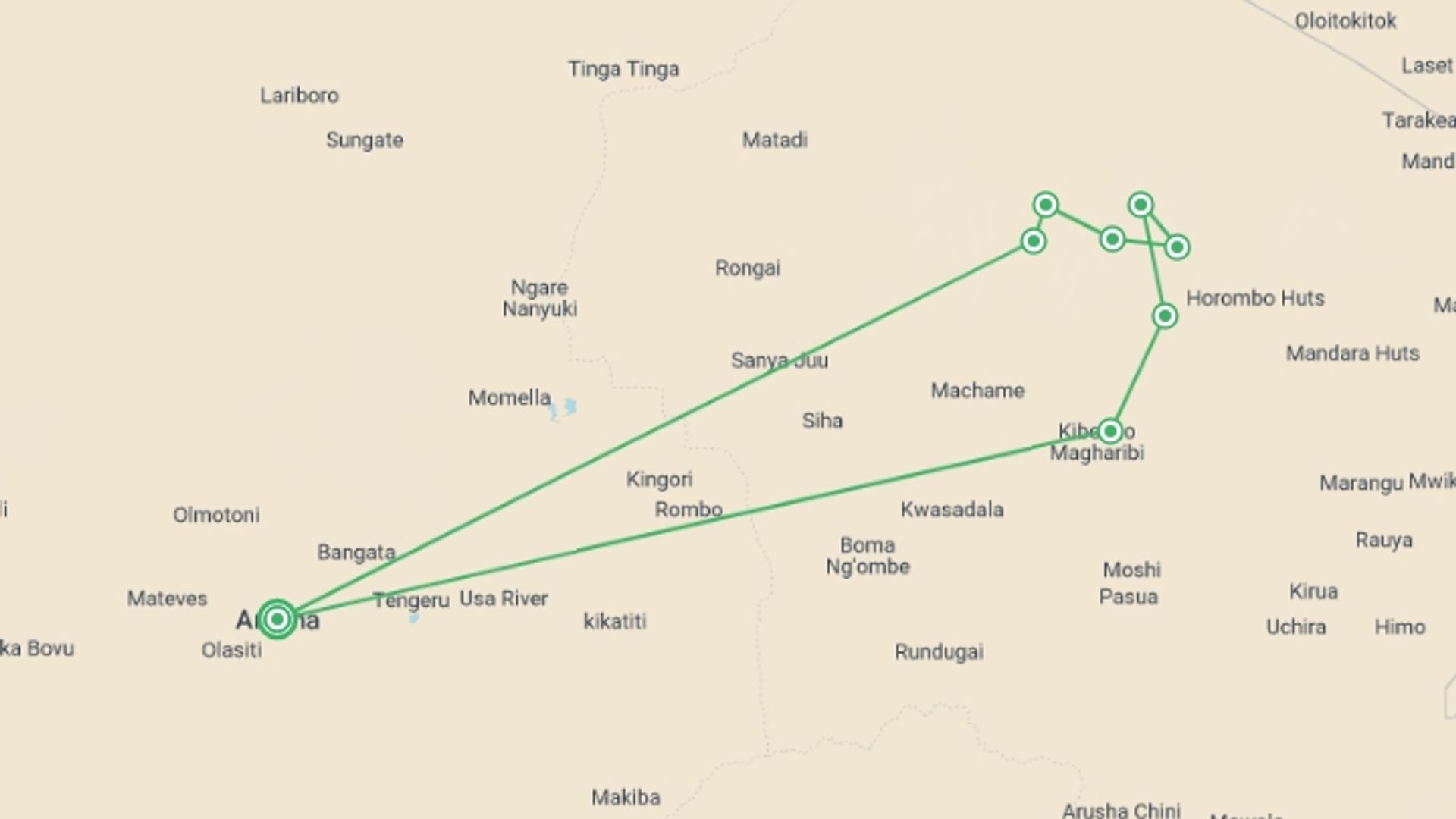 A map showing the tour itinerary for the trip: 6 Days Mt. Kilimanjaro Climbing + 2 Nights Stay, starting in Arusha, Tanzania and ending in Arusha, Tanzania going through 6 other destinations.