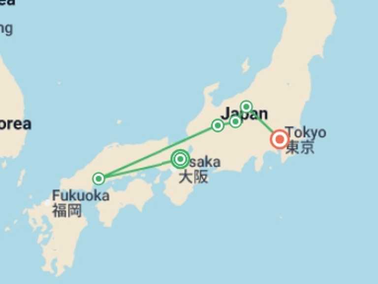 Map itinerary of Asia Tour in April 2027 with 6 destination visits for the trip: Ancient & Modern Japan
