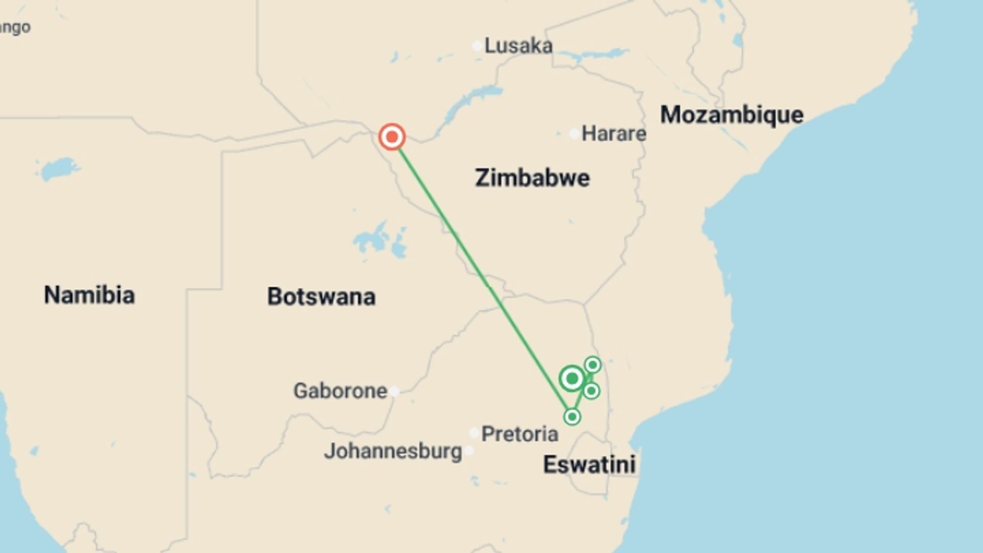 A map showing the tour itinerary for the trip: Kruger Safari & Victoria Falls - 8 days, starting in Hoedspruit, South Africa and ending in Victoria Falls, Zimbabwe going through 3 other destinations.
