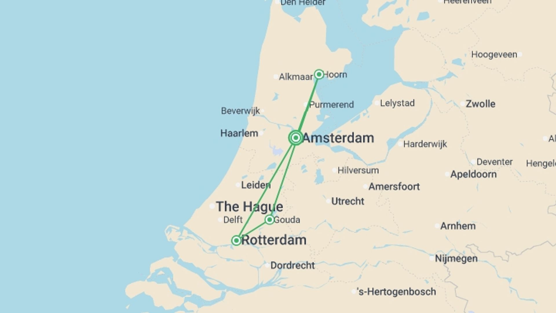 A map showing the tour itinerary for the trip: The Best of The Netherlands (port-to-port cruise), starting in Amsterdam, Holland and ending in Amsterdam, Holland going through 3 other destinations.