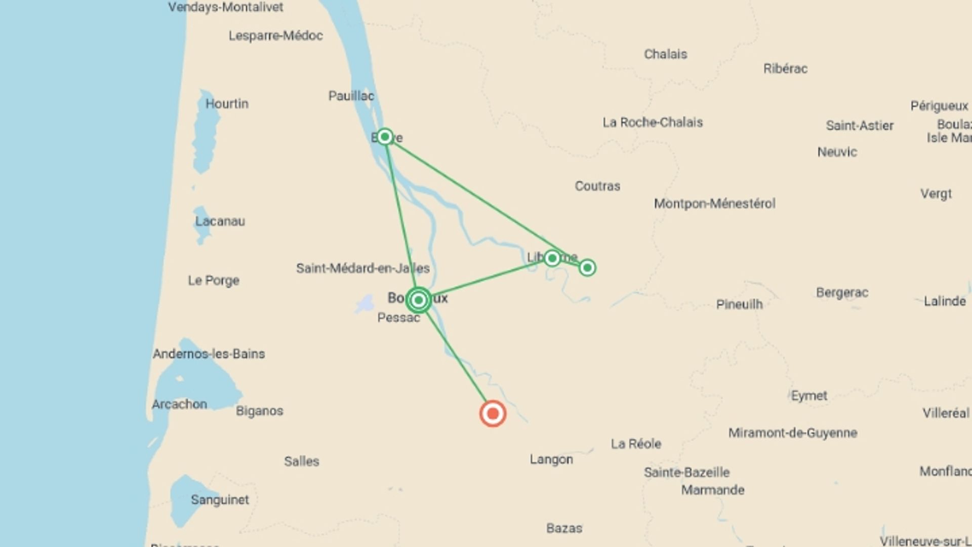 A map showing the tour itinerary for the trip: The exceptional region of Bordeaux (port-to-port cruise), starting in Bordeaux, France and ending in Cadillac, France going through 2 other destinations.